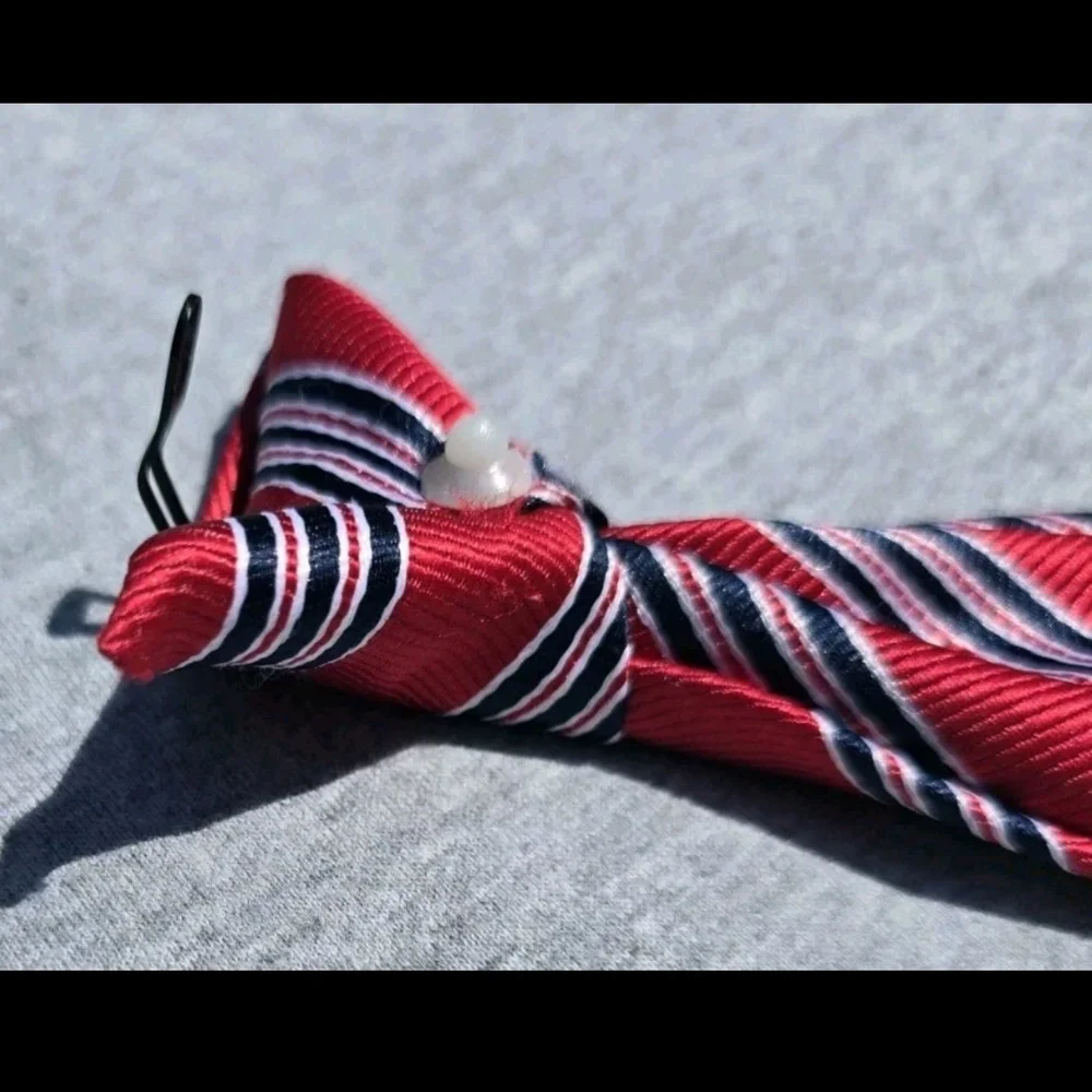 Boy's George Red Clip On Tie w/ Dark Blue and White Striped Pattern